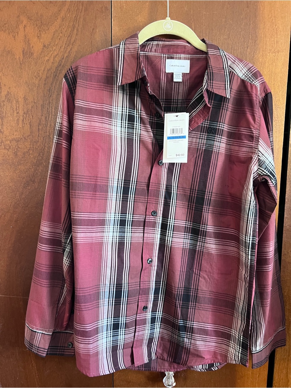 Boys size 18/20 Calvin Klein Jeans Burgundy and Black Plaid Button-Down Shirt
